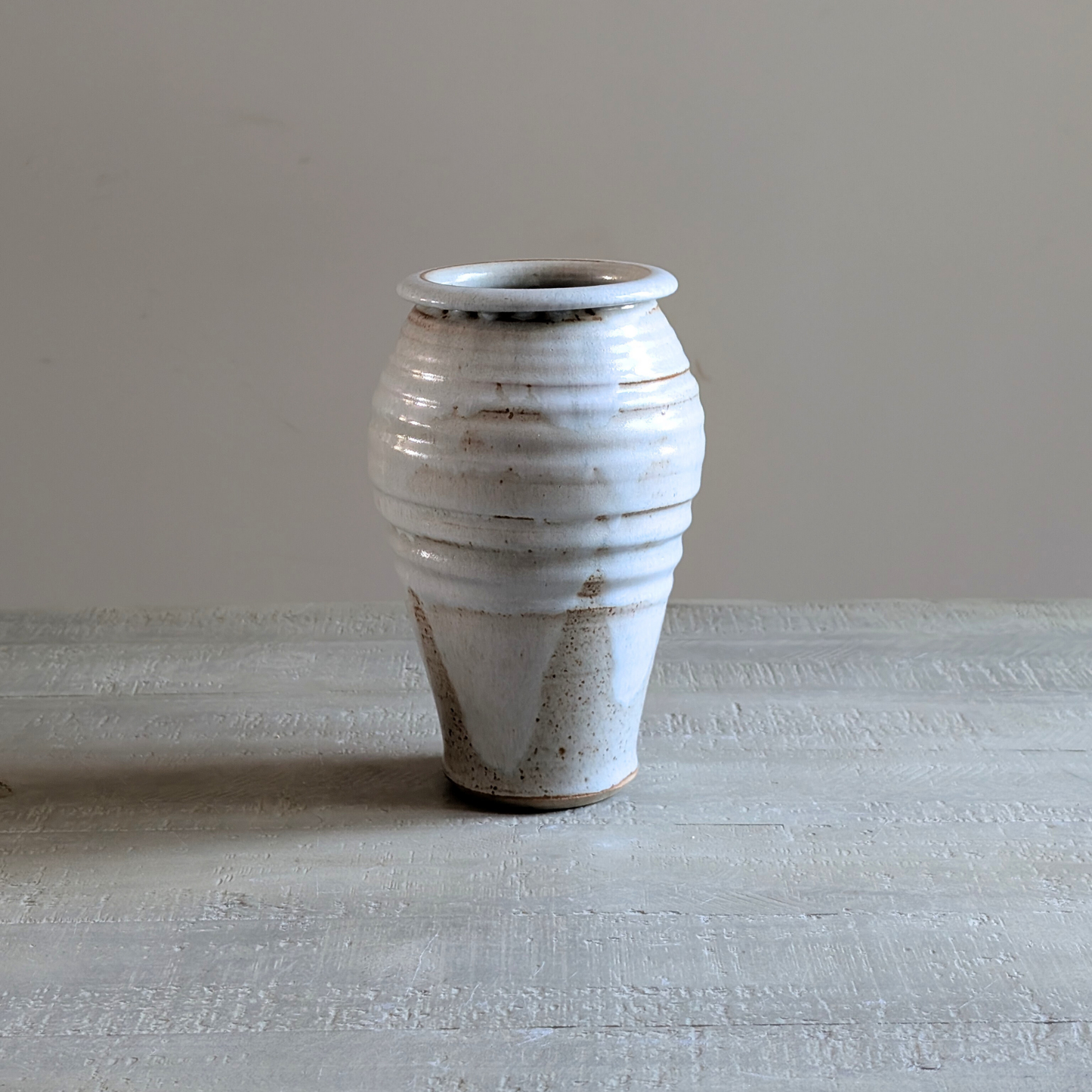 Tall White Ribbed Studio Pottery Vase