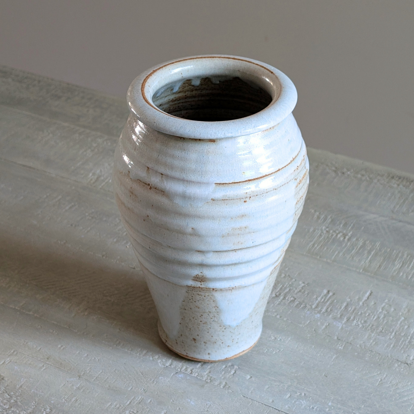 Tall White Ribbed Studio Pottery Vase