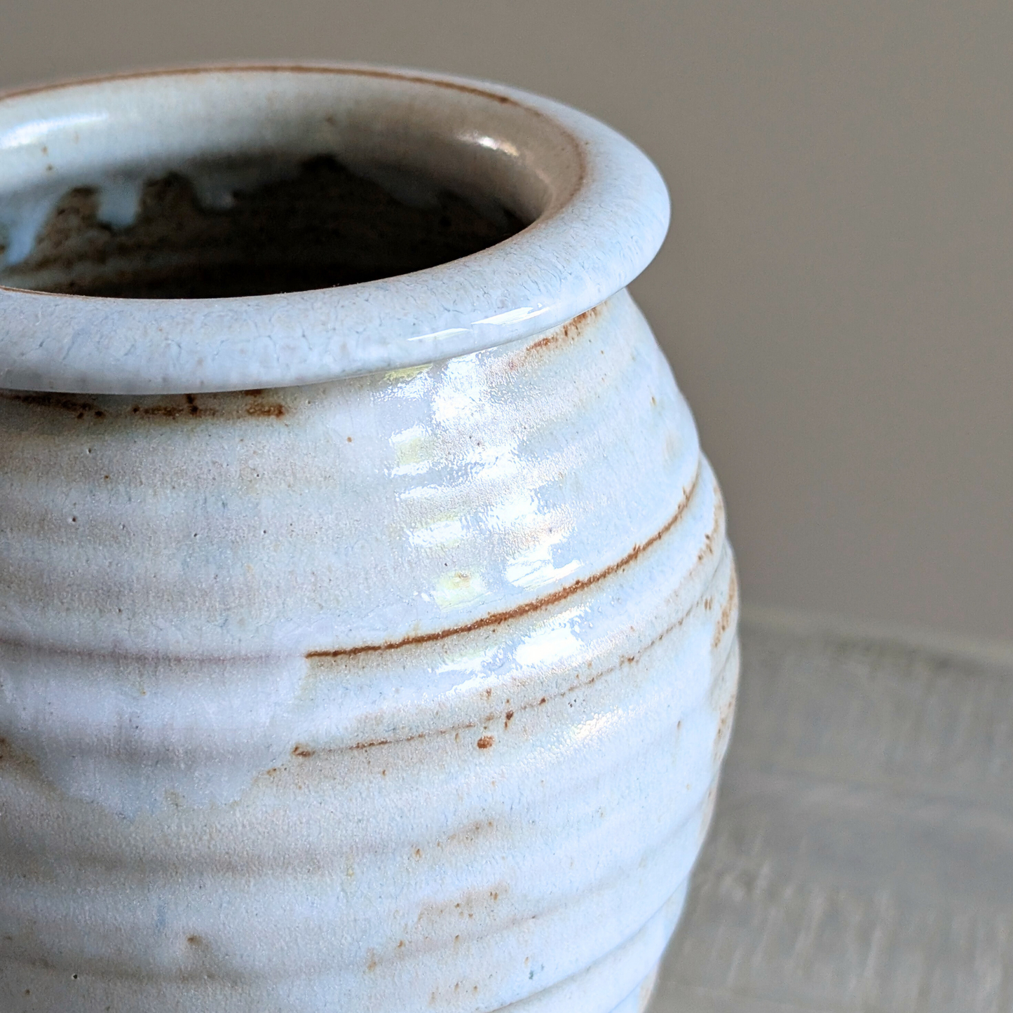 Tall White Ribbed Studio Pottery Vase