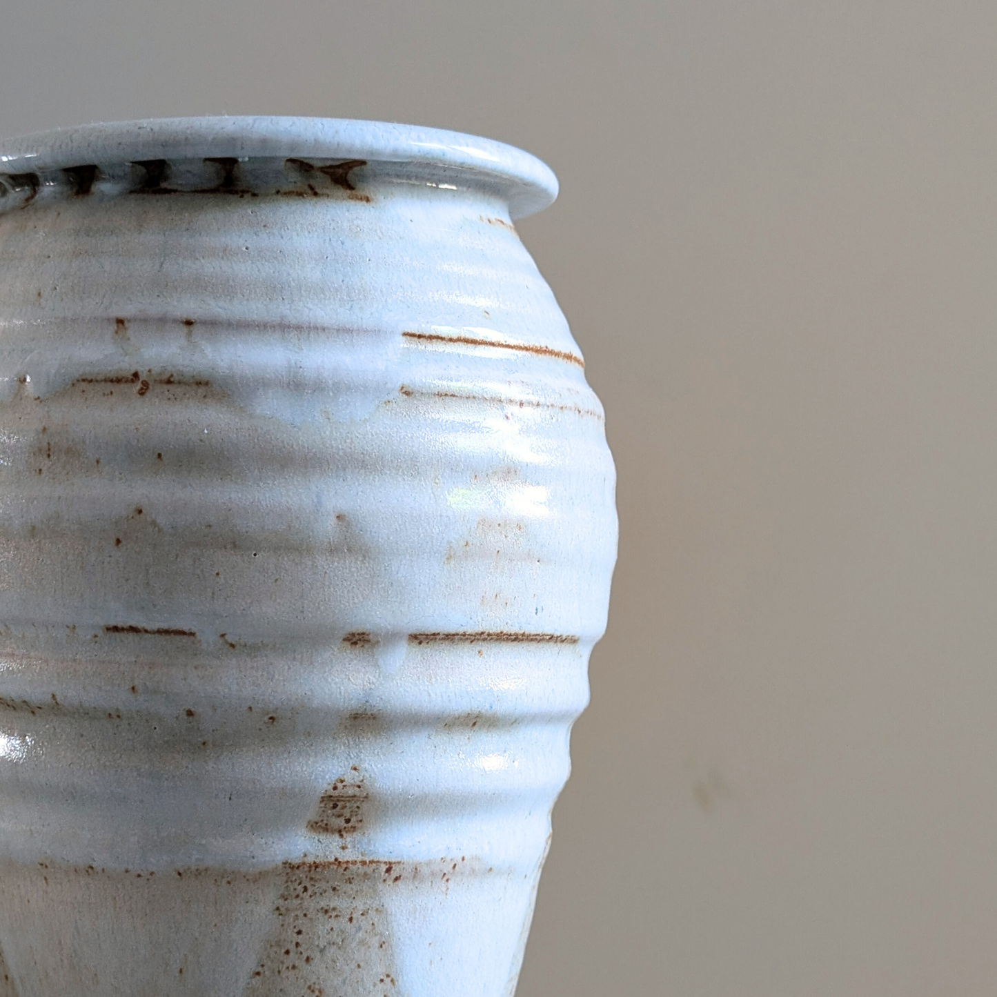 Tall White Ribbed Studio Pottery Vase