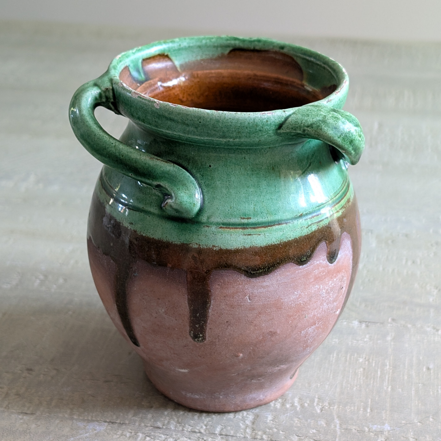 Small Green Glazed Twisted Handle Pot