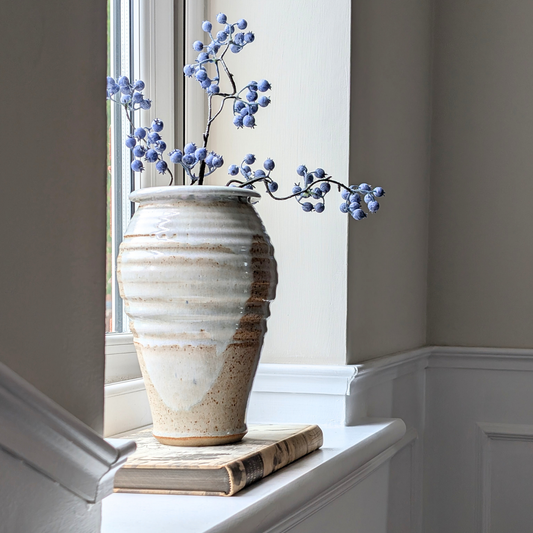 Tall White Ribbed Studio Pottery Vase