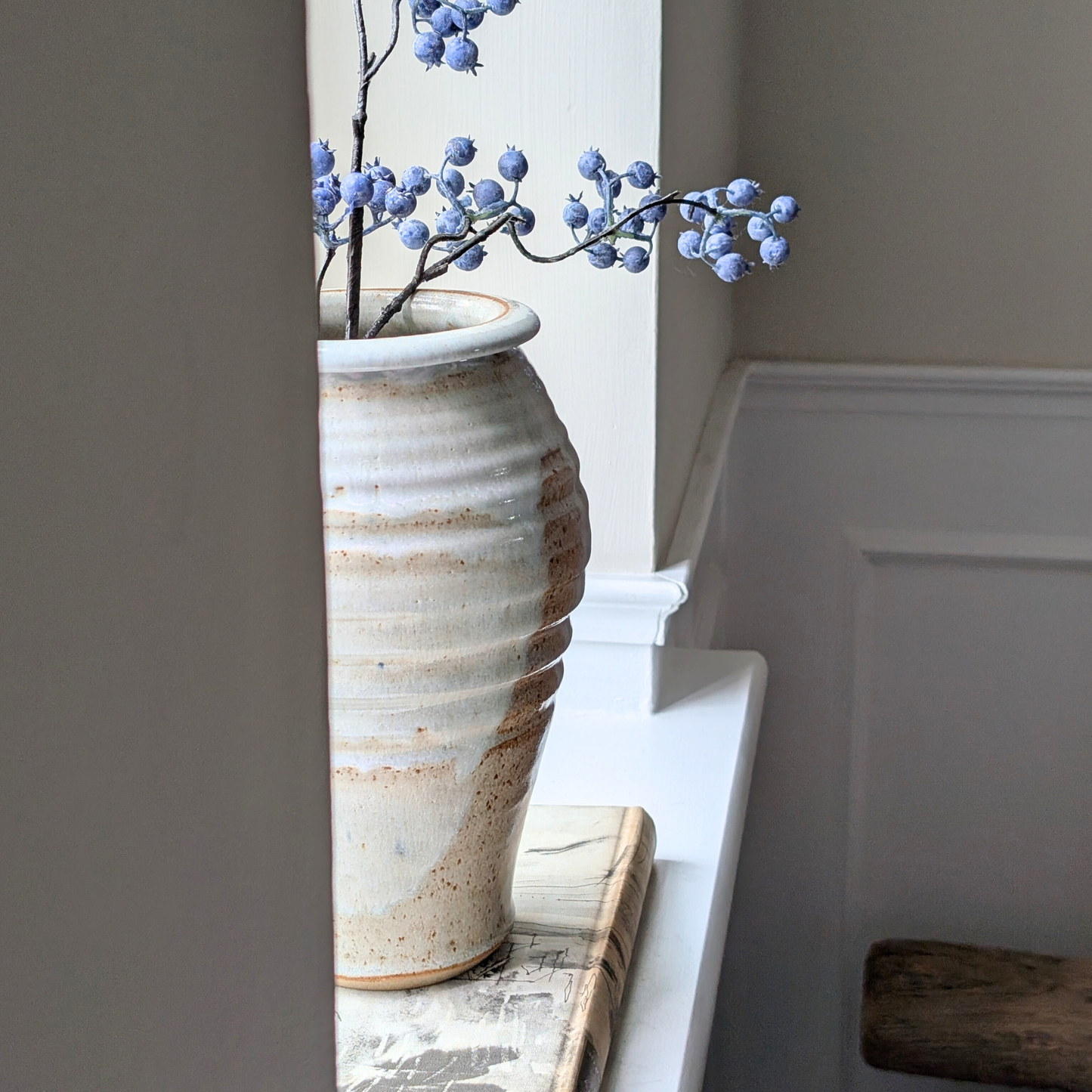 Tall White Ribbed Studio Pottery Vase