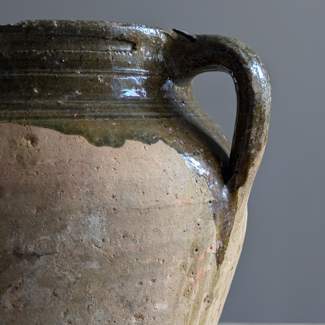 Large Half Glaze Green Handled Pot