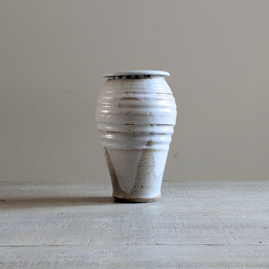 Tall White Ribbed Studio Pottery Vase