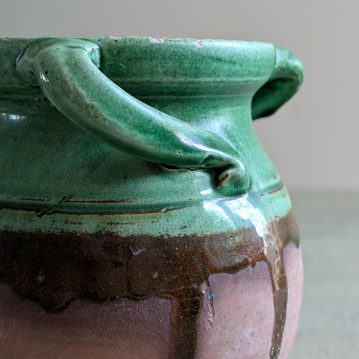 Small Green Glazed Twisted Handle Pot