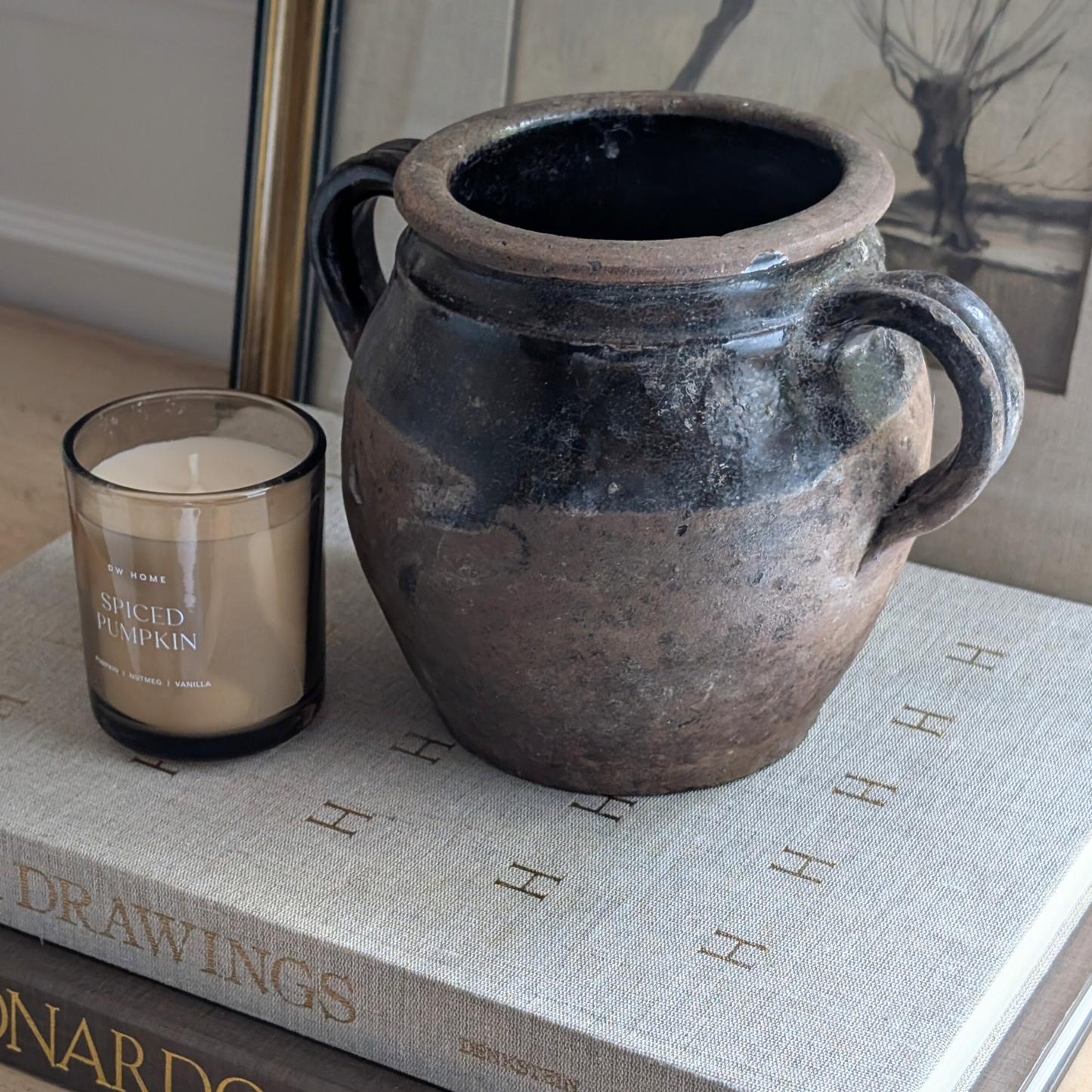 Small Half Glazed Brown Double Handled Pot