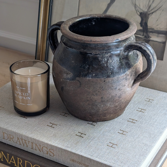 Small Half Glazed Brown Double Handled Pot