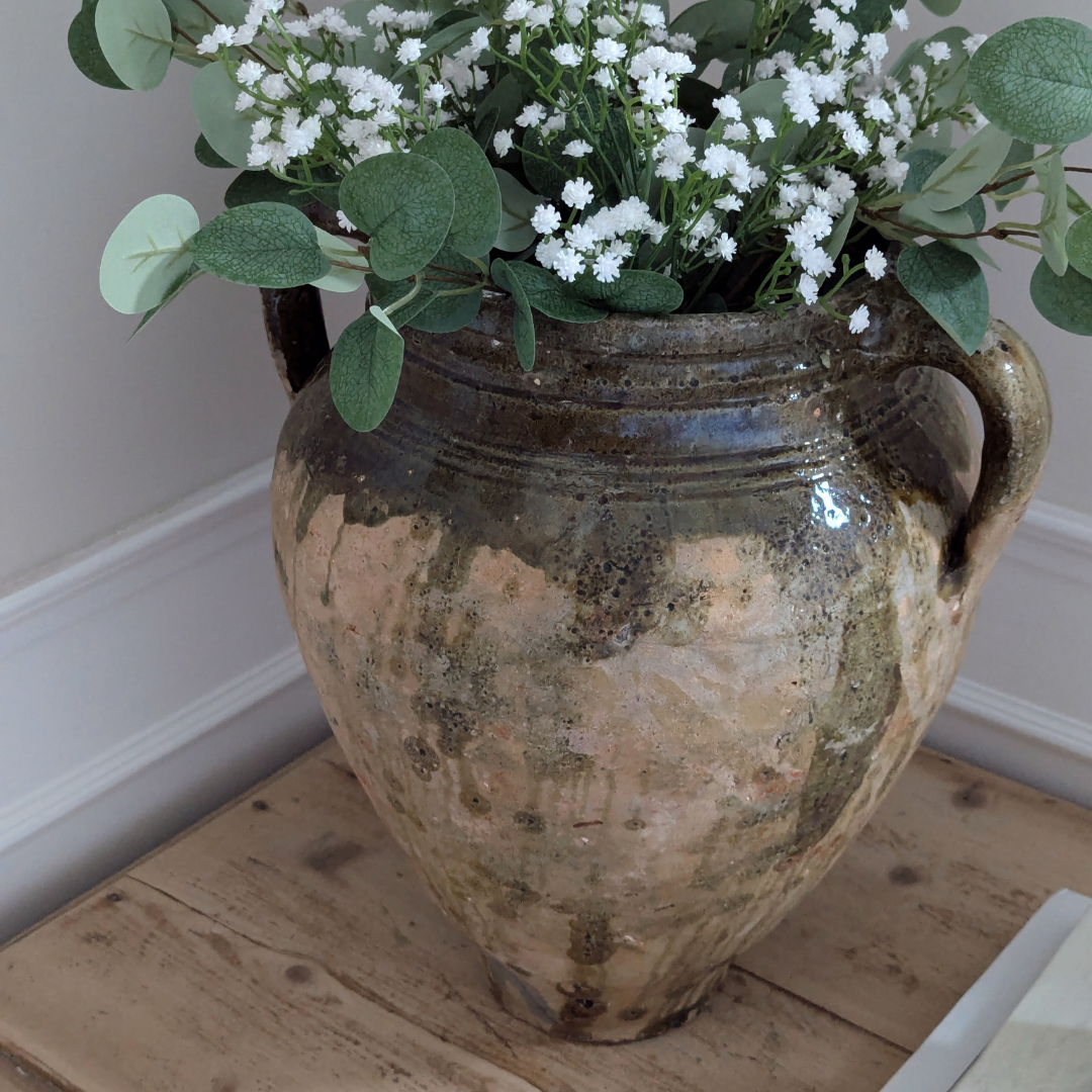 Large Half Glaze Green Handled Pot