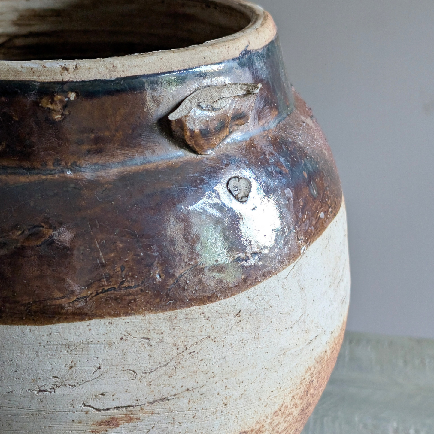 Large Half Glazed Brown Pot