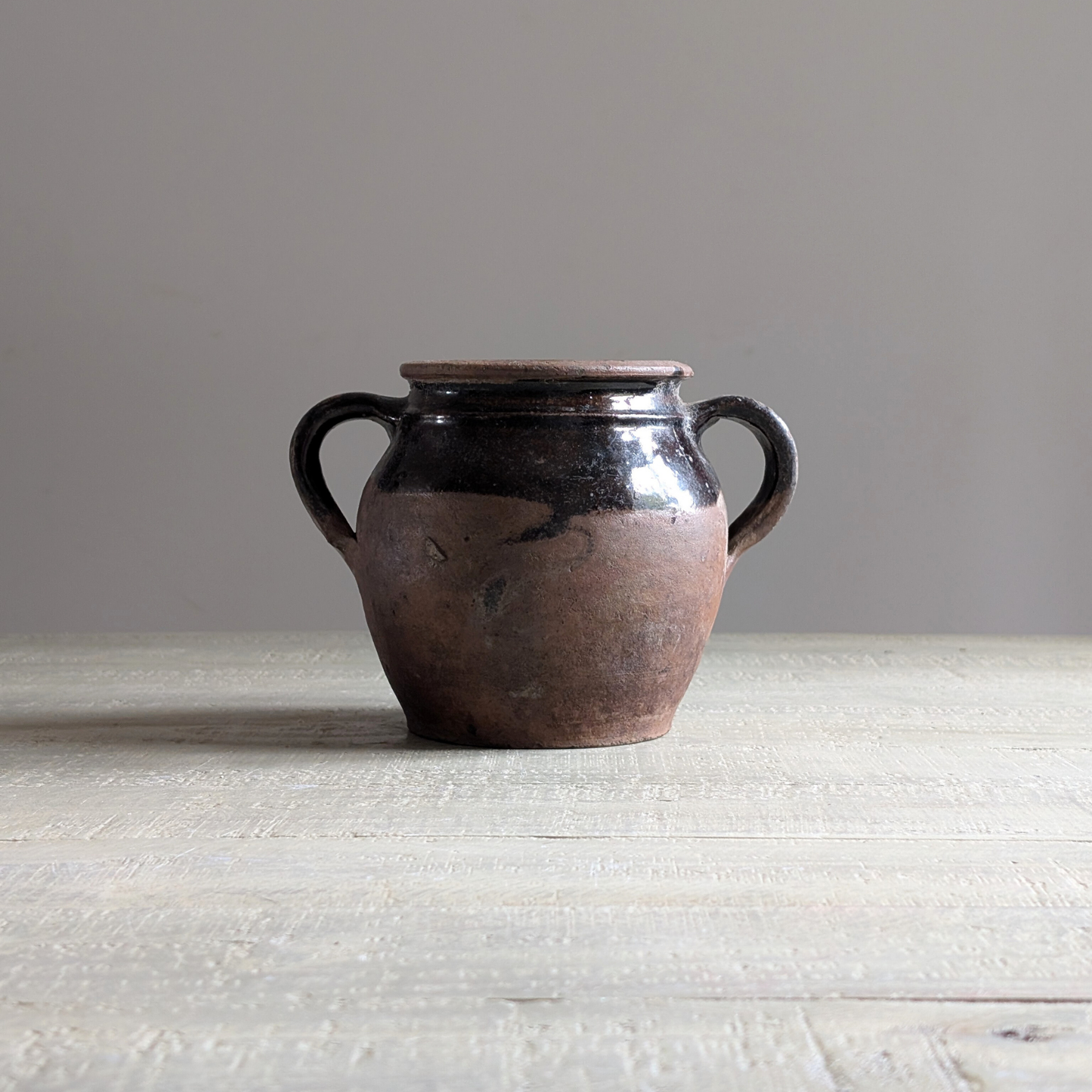 Small Half Glazed Brown Double Handled Pot