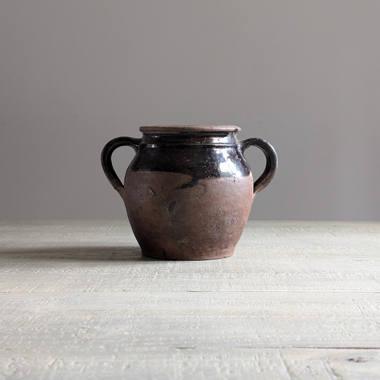 Small Half Glazed Brown Double Handled Pot
