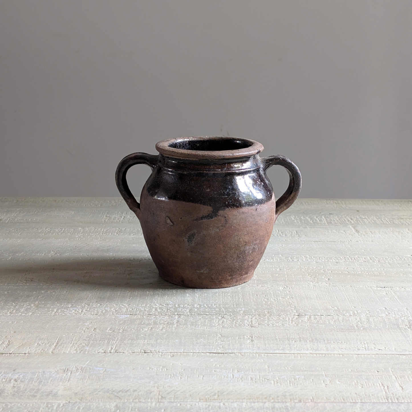 Small Half Glazed Brown Double Handled Pot