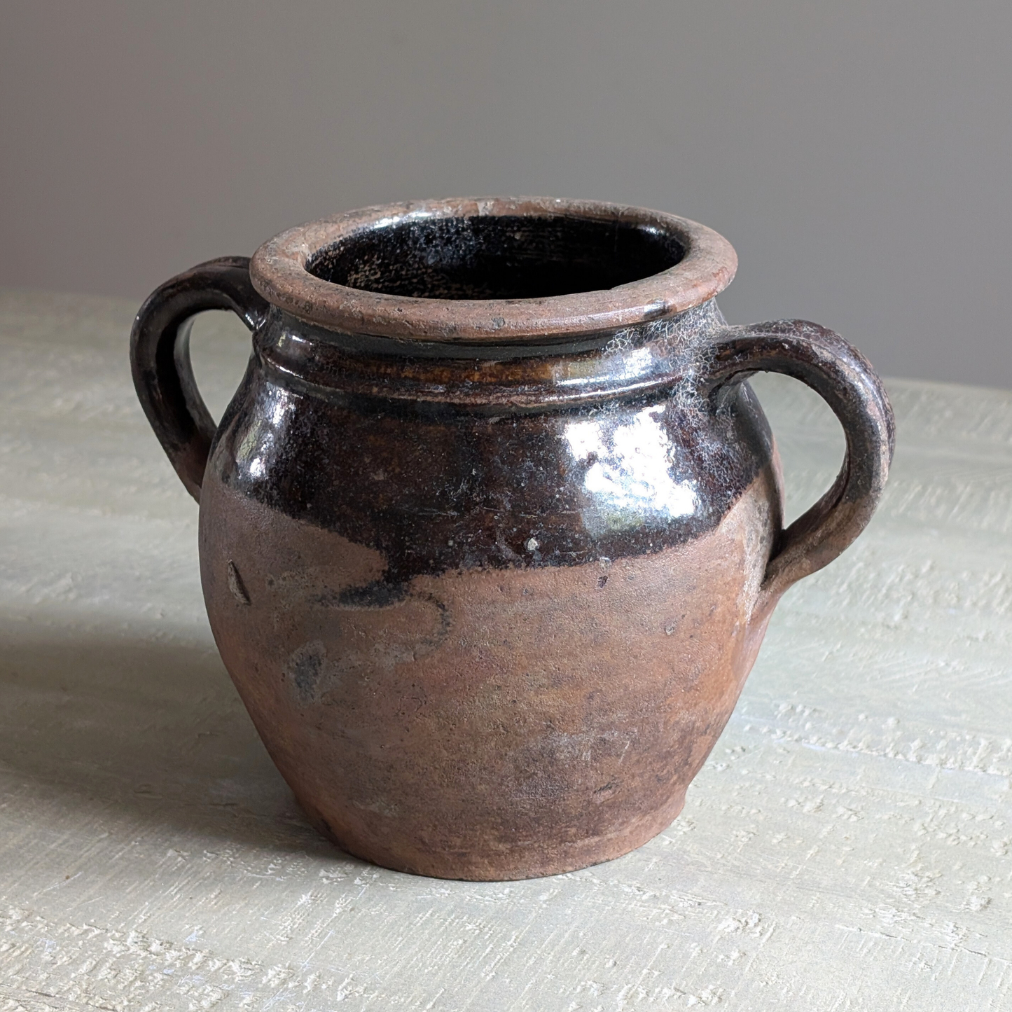 Small Half Glazed Brown Double Handled Pot