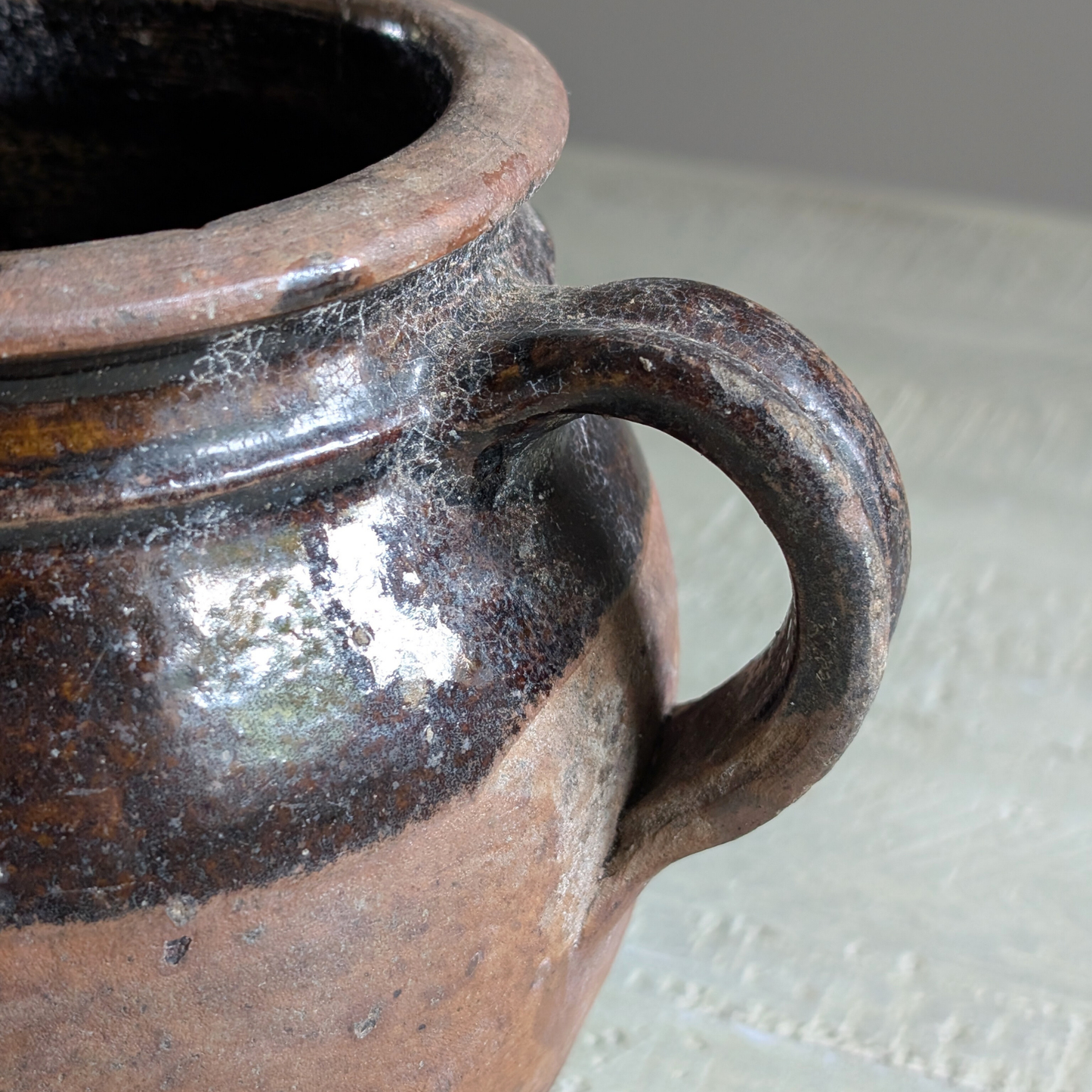 Small Half Glazed Brown Double Handled Pot