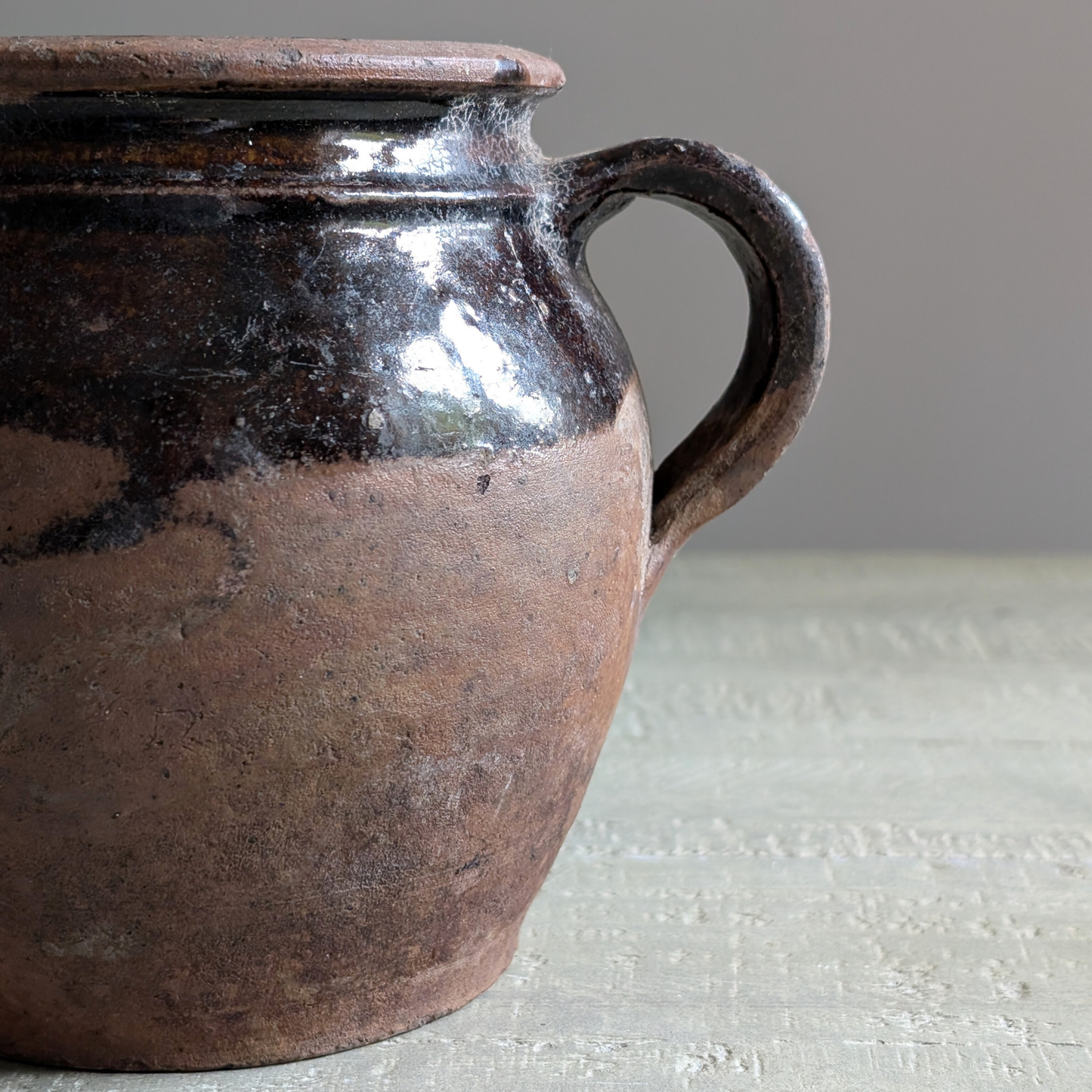 Small Half Glazed Brown Double Handled Pot
